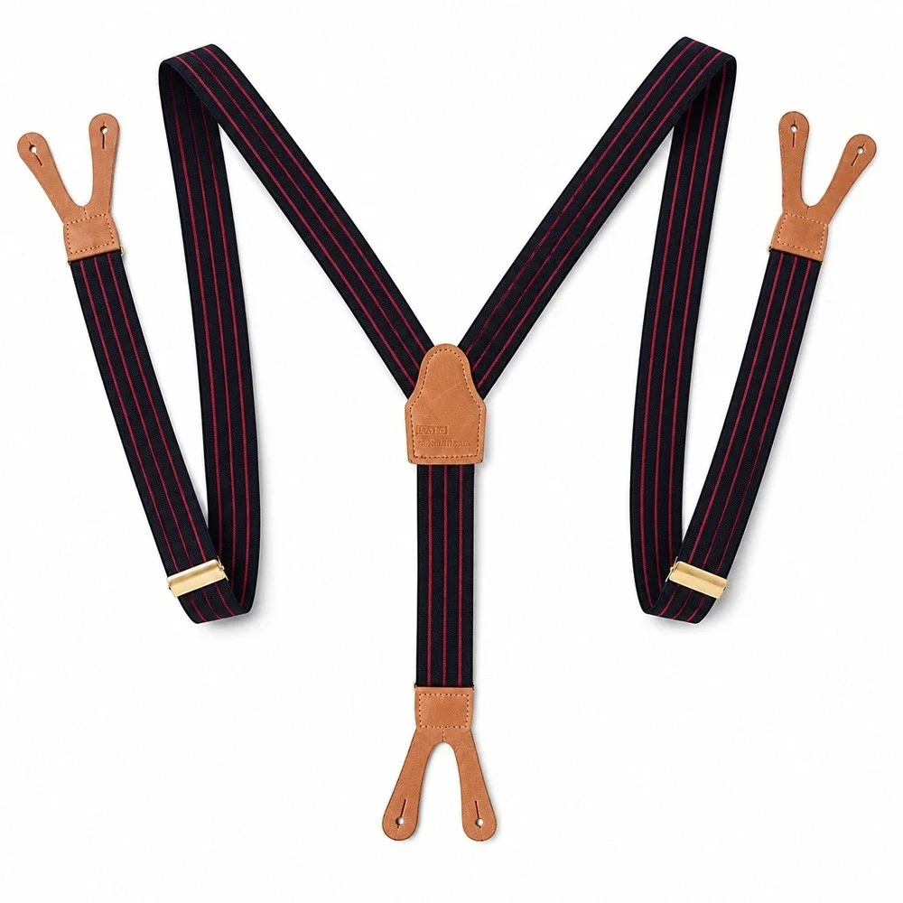 Polo Ralph Lauren Suspenders Men OS Navy Red Striped Leather Button End Braces